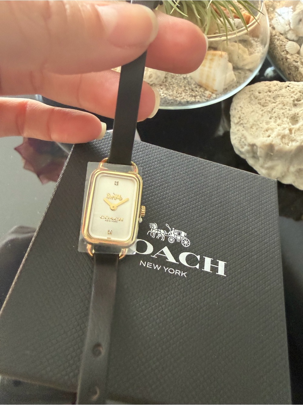 Coach Gold-Tone Rectangular Watch with Cream Dial and Black Strap